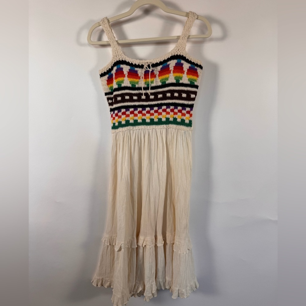 Crochet Vintage Style Embroidered Dress Womens Small Gauze Tiered Skirt Boho